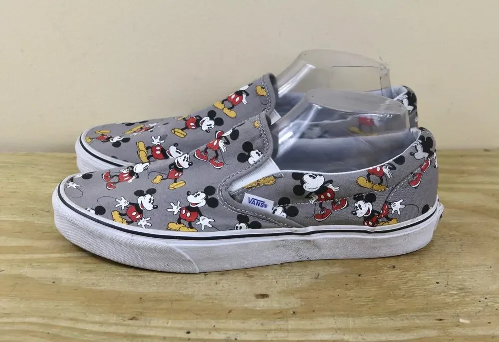 Vans x Disney Classic Sneakers 10 Mickey Mouse Gray All Over Print Slip On Shoes